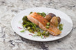 Roasted Atlantic Salmon or Chicken with local Asparagus Salsa, Herbed Baby Potatoes and Garlic Broccolini