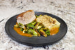 Apple Braised Pork Belly with Potato Pave, Carrot Puree and Caramelized Balsamic Brussel Sprouts
