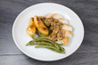 Roasted Local Chicken Breast with Haricots Verts, Fingerling Potatoes and a Mushroom Sauce